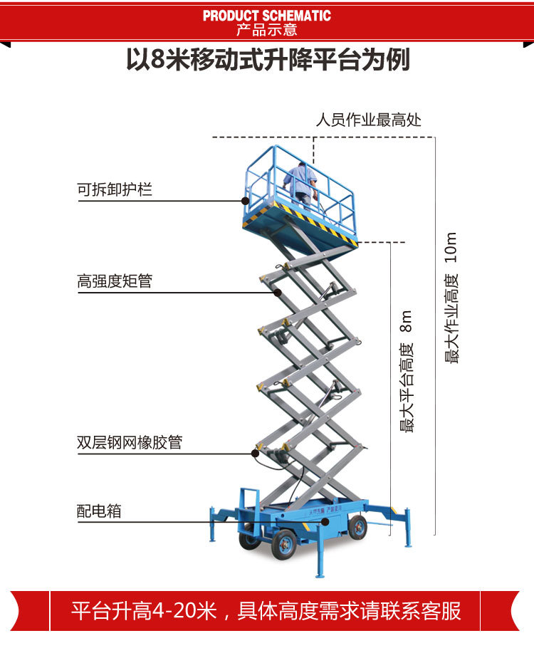 龙铸厂家现货供应 SJY0.5-8四轮牵引移动式高空作业液压升降机  8米500公斤升降机示例图8