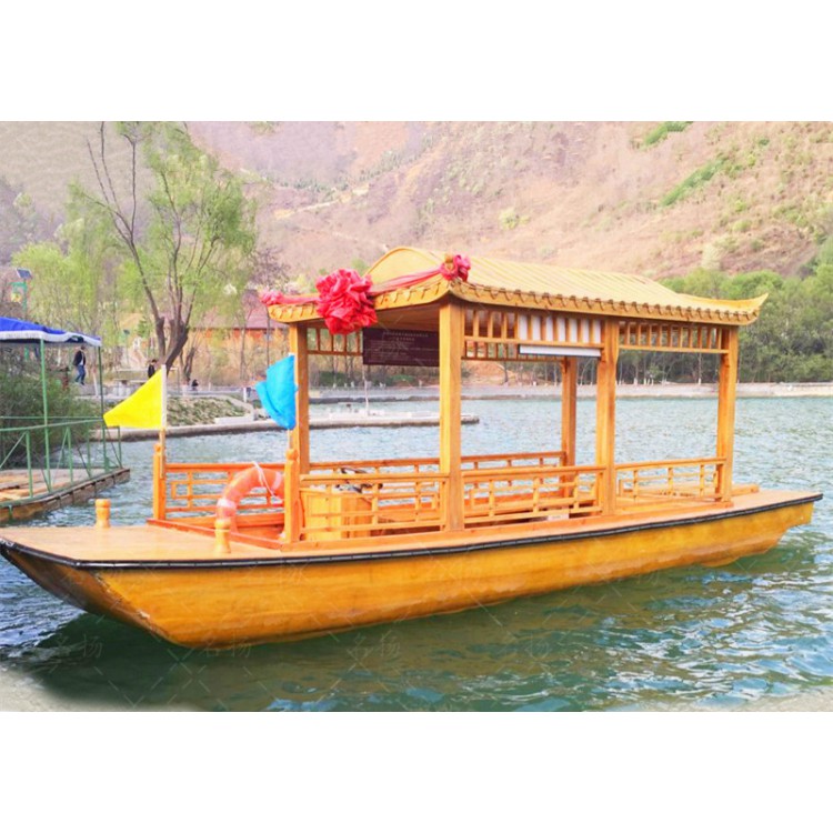 山东潍坊画舫船厂出售6米木质电动船水上餐饮仿古船