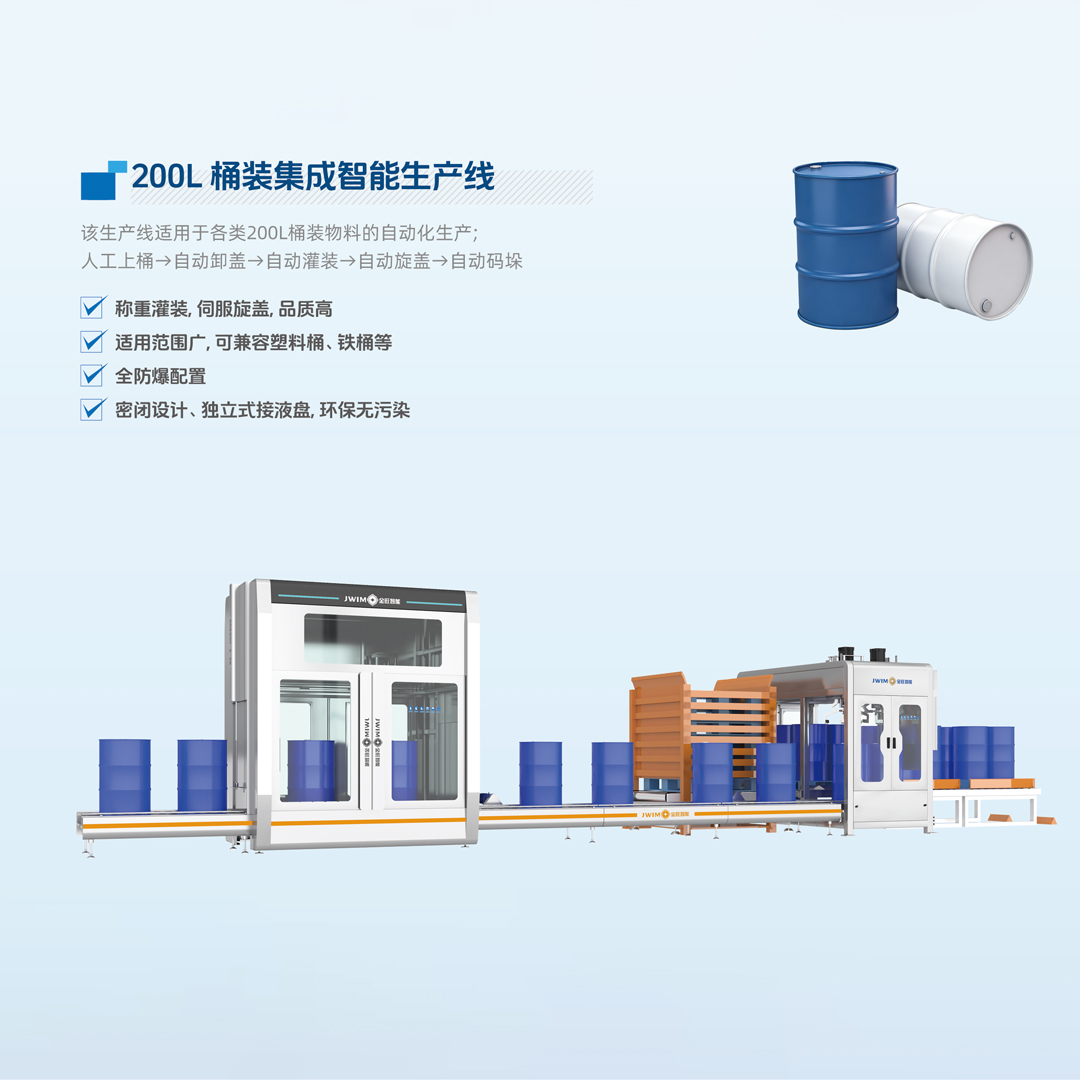 电子化学品桶装线自动放盖压盖设备 机器人自动装箱系统